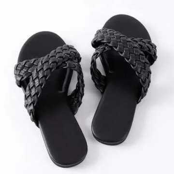 Mtzyoa Women Flat Sandals Black Size 7.5 Braided Crossover Summer Casual Sandalias para mujer Cute Leather Vacation Bohemian Dressy Slides