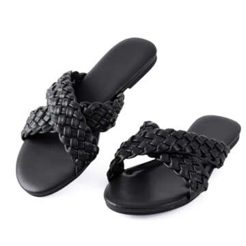 Mtzyoa Women Flat Sandals Black Size 7.5 Braided Crossover Summer Casual Sandalias para mujer Cute Leather Vacation Bohemian Dressy Slides