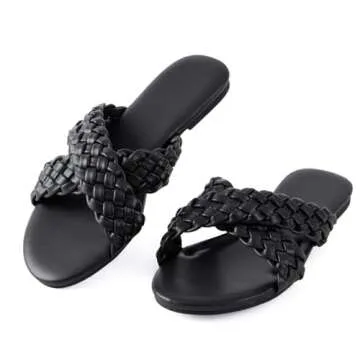 Mtzyoa Women Flat Sandals Black Size 7.5 Braided Crossover Summer Casual Sandalias para mujer Cute Leather Vacation Bohemian Dressy Slides