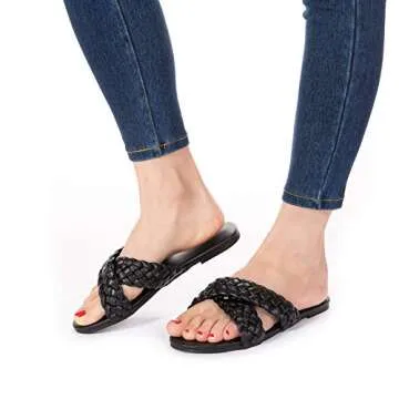 Mtzyoa Women Flat Sandals Black Size 7.5 Braided Crossover Summer Casual Sandalias para mujer Cute Leather Vacation Bohemian Dressy Slides