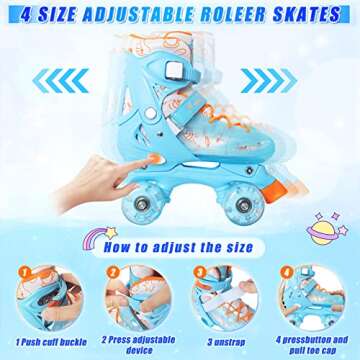 MammyGol Roller Skates for Girls Kids Boys, 4 Sizes Adjustable Quad Toddler Skates Indoor Outdoor Ages 3-8, Pink Blue Purple Green