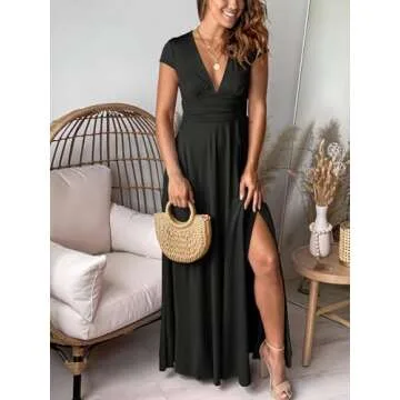 ANRABESS Women Summer Deep V Neck Short Sleeve Slit 2025 Elegant Formal Wedding Guest Cocktail Eveni...