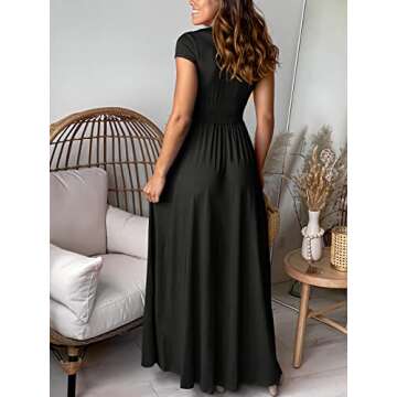 ANRABESS Women Summer Deep V Neck Short Sleeve Slit 2025 Elegant Formal Wedding Guest Cocktail Evening Date Maxi Long Dress Black X-Large
