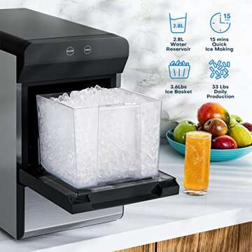 Upstreman Nugget Ice Maker, 33Lbs/Day, Self-Cleaning, 6 Ice Cubes in 15 Mins, 2 Water Refill, Counte...
