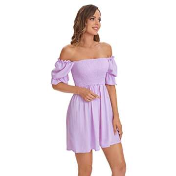 WDIRARA Women's Square Neck Flounce Short Sleeve Shirred Ruffle Hem Dress Purple Solid L