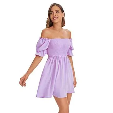 WDIRARA Women's Square Neck Flounce Short Sleeve Shirred Ruffle Hem Dress Purple Solid L