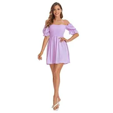 WDIRARA Women's Square Neck Flounce Short Sleeve Shirred Ruffle Hem Dress Purple Solid L