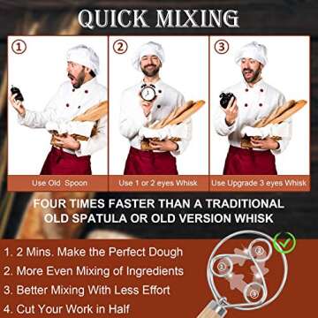 Danish Dough Whisk Large Bread Mixer, 3 Loops Dough Whisk Stainless Steel, 13" Wooden Danish Whisk -...