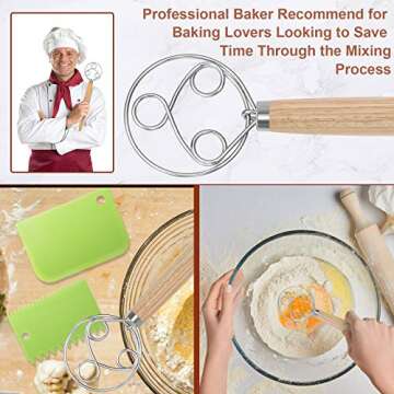 Danish Dough Whisk Large Bread Mixer, 3 Loops Dough Whisk Stainless Steel, 13" Wooden Danish Whisk - Dutch Style with Dough Scrapers for Bread, Pastry or Pizza - Perfect Baking Gifts