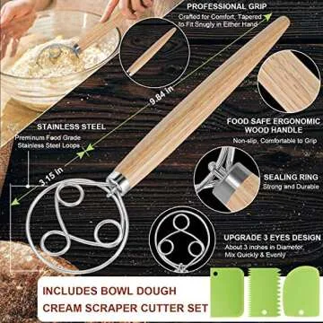 Danish Dough Whisk Large Bread Mixer, 3 Loops Dough Whisk Stainless Steel, 13" Wooden Danish Whisk - Dutch Style with Dough Scrapers for Bread, Pastry or Pizza - Perfect Baking Gifts