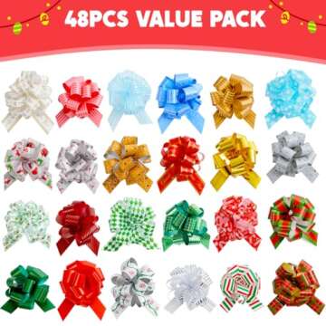 JOYIN 48 PCS Christmas Pull Bows with Ribbon 5” Wide for Gift Wrapping & Gift Tags, Boxing Day Dec...