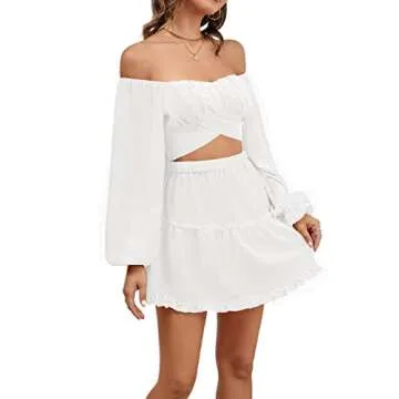 LYANER Women's 2 Piece Outfits Self Tie Knot Crop Top and Mini Skirt Set White Medium