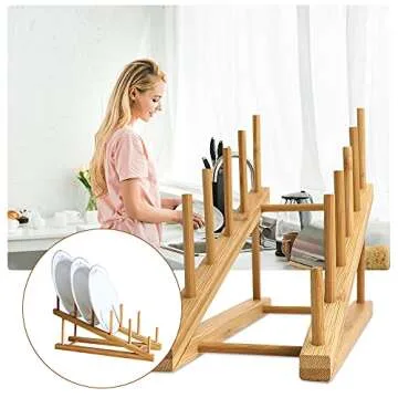 TIE-DailyNec 2 PCS Wooden Dish Rack Bamboo Drying Rack Stand Pot Lid Holder Kitchen Cabinet Organizer for Dish Plate Bowl Cup Pot Lid Cutting Board