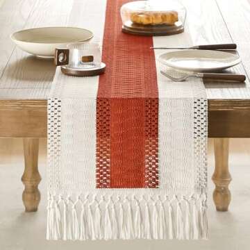 ZeeMart Macrame Style Bicolor Stitching Table Runner, 14 x 72 Inch Orange/Ivory, Boho Burnt Orange F...