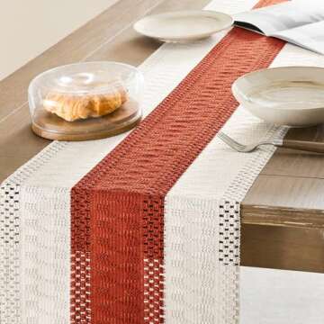 ZeeMart Macrame Style Bicolor Stitching Table Runner, 14 x 72 Inch Orange/Ivory, Boho Burnt Orange Fall Table Runners 72 Inches Long, Farmhouse Woven Fall Home Decor