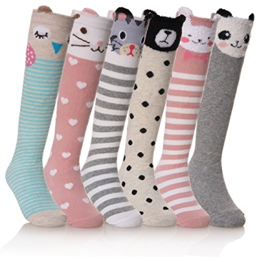 FNOVCO Girls Knee High Socks - Cute Animal Patterns, 6 Pairs