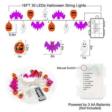 Halloween Lights, 16 FT 30 LED Waterproof 3D Pumpkin Bat Ghost Battery Operated String Lights with Timer - 8 Lighting Modes Fairy Light for Window Indoor Outdoor Decor Halloween Party Decorations