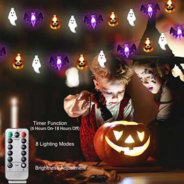 Halloween Lights, 16 FT 30 LED Waterproof 3D Pumpkin Bat Ghost Battery Operated String Lights with Timer - 8 Lighting Modes Fairy Light for Window Indoor Outdoor Decor Halloween Party Decorations