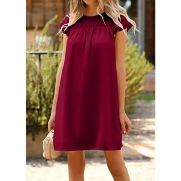 KIRUNDO Women Summer Shift Dress 2025 Casual Ruffle Cap Sleeve Smocked Crew Neck Loose Flowy Chiffon Mini Tunic Dresses(Jujube Red, XX-Large)