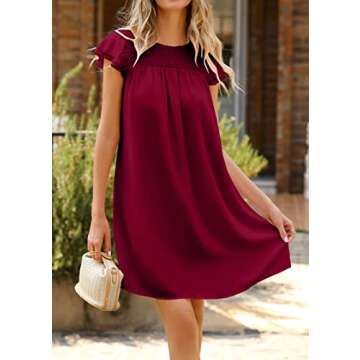 KIRUNDO Women Summer Shift Dress 2025 Casual Ruffle Cap Sleeve Smocked Crew Neck Loose Flowy Chiffon Mini Tunic Dresses(Jujube Red, XX-Large)