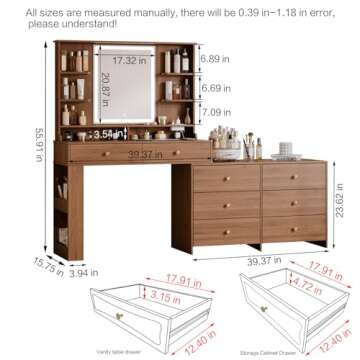 Makeup Vanity Desk with large mirror and lights&Charging Station,Modern Corner Makeup Vanity Table with 8 Storage Drawers and 8 Shelves,Makeup Table for Bedroom,Dressing Table with nightstand,Walnut