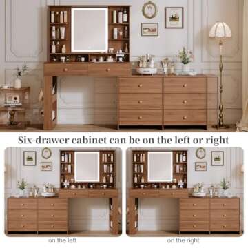 Makeup Vanity Desk with large mirror and lights&Charging Station,Modern Corner Makeup Vanity Table with 8 Storage Drawers and 8 Shelves,Makeup Table for Bedroom,Dressing Table with nightstand,Walnut