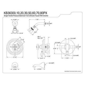 Kingston Brass KB36350PX Restoration Tub and Shower Faucet with Porcelain Cross Handle, Oil Rubbed B...