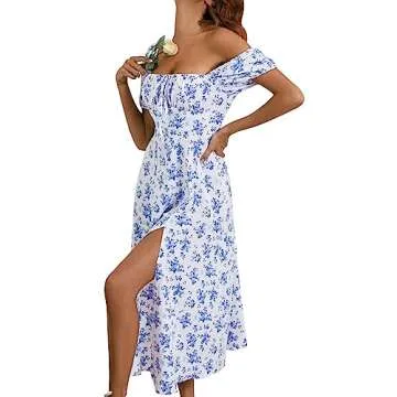 SPRIME Women's Floral Boho Midi Dress with Puff Sleeves