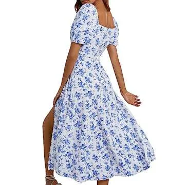 SPRIME Women's Floral Boho Midi Dress with Puff Sleeves
