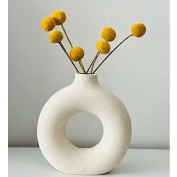 Small Ceramic Vase, Aesthetic Vase, Small White Vase, White Vases For Decor, Cute Flower Vase, Cute Vase, Donut Circle Vase With Hole, Flower Vases For Centerpieces, Japandi Home Decor, 6 inch