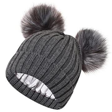 Roniky Women’s Winter Hat | Cable Knit Silk Satin Lined Beanie with Pom Poms in Deep Grey