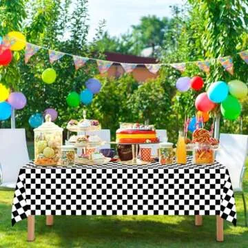 Mulbozy 4 Pcs Black and White Checkered Tablecloths, 54 × 108 Inches Black Checkered Flag Tablecover, Disposable Plastic Gingham Table Cover for Picnic, Truck, Race Car Birthday Party Supplies