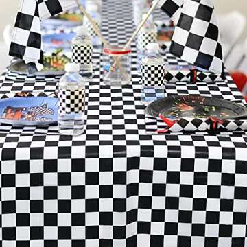 Mulbozy 4 Pcs Black and White Checkered Tablecloths, 54 × 108 Inches Black Checkered Flag Tablecover, Disposable Plastic Gingham Table Cover for Picnic, Truck, Race Car Birthday Party Supplies