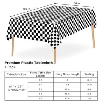 Mulbozy 4 Pcs Black and White Checkered Tablecloths, 54 × 108 Inches Black Checkered Flag Tablecover, Disposable Plastic Gingham Table Cover for Picnic, Truck, Race Car Birthday Party Supplies