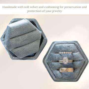 Velvet Ring Box Wedding Day | 2-in-1 Elegant Dusty Blue Engagement Ring Box | 3 Slot Ring Box or Double Ring Box | Hexagon Wedding Ring Boxes for Ceremony | Ring Box for Proposal Steel Blue