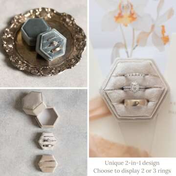Velvet Ring Box Wedding Day | 2-in-1 Elegant Dusty Blue Engagement Ring Box | 3 Slot Ring Box or Double Ring Box | Hexagon Wedding Ring Boxes for Ceremony | Ring Box for Proposal Steel Blue