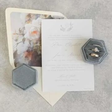 Velvet Ring Box Wedding Day | 2-in-1 Elegant Dusty Blue Engagement Ring Box | 3 Slot Ring Box or Double Ring Box | Hexagon Wedding Ring Boxes for Ceremony | Ring Box for Proposal Steel Blue