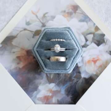 Velvet Ring Box Wedding Day | 2-in-1 Elegant Dusty Blue Engagement Ring Box | 3 Slot Ring Box or Double Ring Box | Hexagon Wedding Ring Boxes for Ceremony | Ring Box for Proposal Steel Blue
