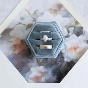 Velvet Ring Box Wedding Day | 2-in-1 Elegant Dusty Blue Engagement Ring Box | 3 Slot Ring Box or Double Ring Box | Hexagon Wedding Ring Boxes for Ceremony | Ring Box for Proposal Steel Blue