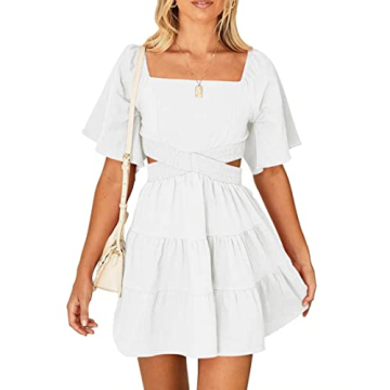 Versatile Women's Summer Dresses Square Neck Mini Dress with Crossover Waist