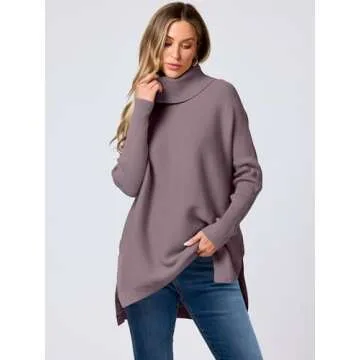 ANRABESS Women's Oversized Turtleneck Batwing Sleeve Spilt Casual Loose Knit Tunic Pullover Sweater Tops 2025 Fall Outfits Purple X-Large