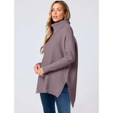 ANRABESS Women's Oversized Turtleneck Batwing Sleeve Spilt Casual Loose Knit Tunic Pullover Sweater Tops 2025 Fall Outfits Purple X-Large