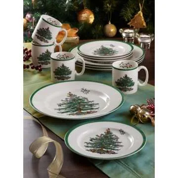 Spode Christmas Tree 4-Piece Dinnerware Setting - Fine Earthenware Holiday Tableware - Dishwasher & Microwave Safe, Festive Christmas Plates, Bowls, Mug - Holiday Dining Essentials