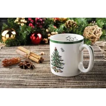 Spode Christmas Tree 4-Piece Dinnerware Setting - Fine Earthenware Holiday Tableware - Dishwasher & Microwave Safe, Festive Christmas Plates, Bowls, Mug - Holiday Dining Essentials
