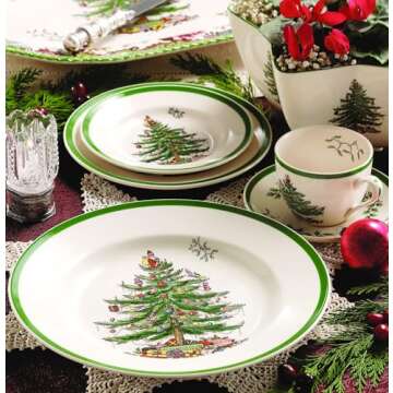 Spode Christmas Tree 4-Piece Dinnerware Setting - Fine Earthenware Holiday Tableware - Dishwasher & Microwave Safe, Festive Christmas Plates, Bowls, Mug - Holiday Dining Essentials