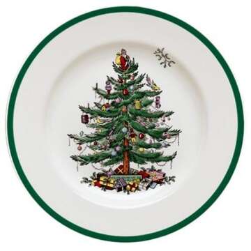 Spode Christmas Tree 4-Piece Dinnerware Setting - Fine Earthenware Holiday Tableware - Dishwasher & Microwave Safe, Festive Christmas Plates, Bowls, Mug - Holiday Dining Essentials