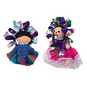 ALKIMIA INC Mexican Handmade Traditional Rag Dolls 2 Pack - 7 inches - Pink & Blue