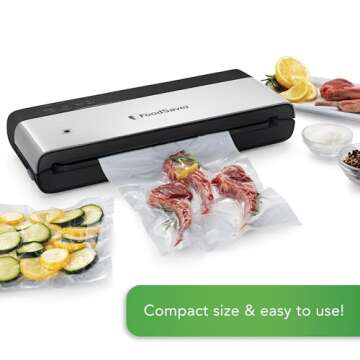 FoodSaver PowerVac Compact Vacuum Sealing Machine, Stainless Steel & Black, Vertical Storage, VS0150 | Preserves freshness, reduces bag waste, for both dry and wet food