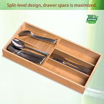 guiogc Bamboo Silverware Organizer, Kitchen Silverware Drawer Organizer, Utensil Tray Holder, Cutlery Tray for Spoons, Forks, Knives