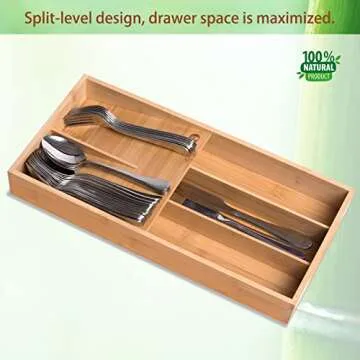 guiogc Bamboo Silverware Organizer, Kitchen Silverware Drawer Organizer, Utensil Tray Holder, Cutlery Tray for Spoons, Forks, Knives
